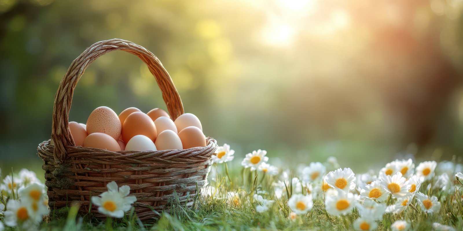 Basket filled with brown eggs resting among white daisies in a sunlit garden during springtime